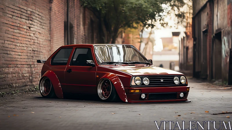 Stanced red hatchback parked in narrow urban alleyway.