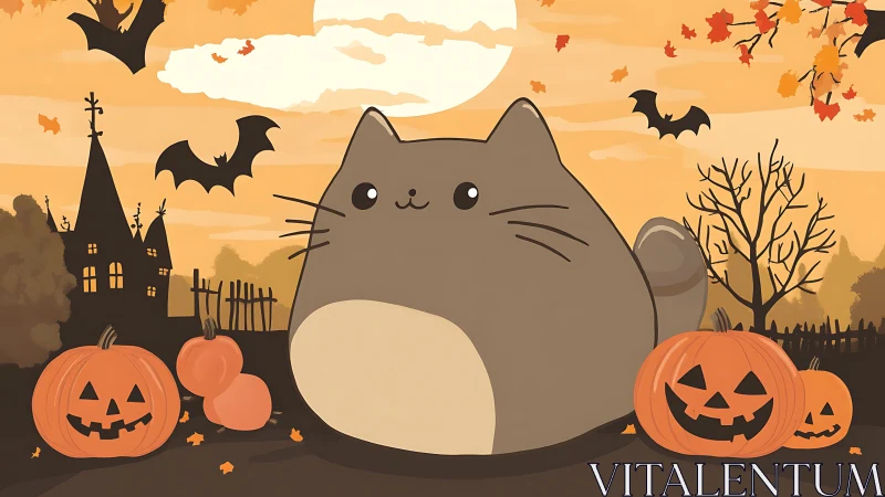 Whimsical Feline Halloween Composition with Gothic Architecture.