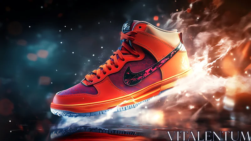 Fiery orange sneaker floats through swirling smoke and light