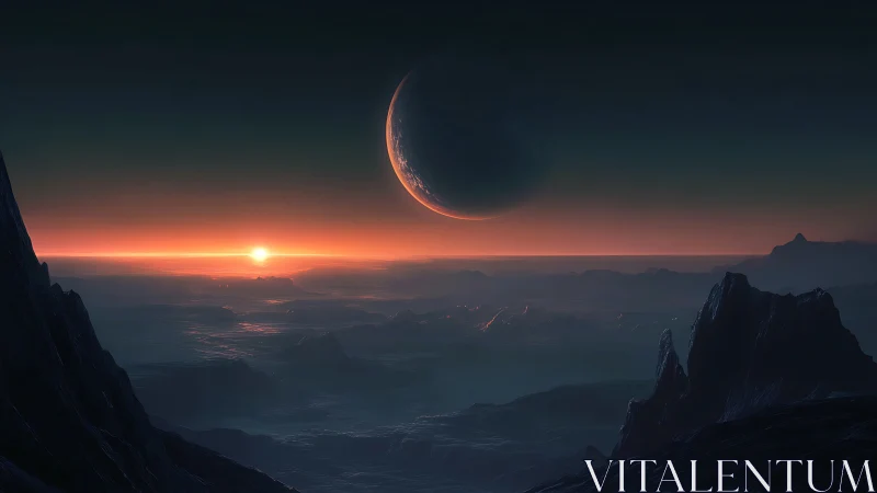 Alien horizon under crescent planet and red dawn light
