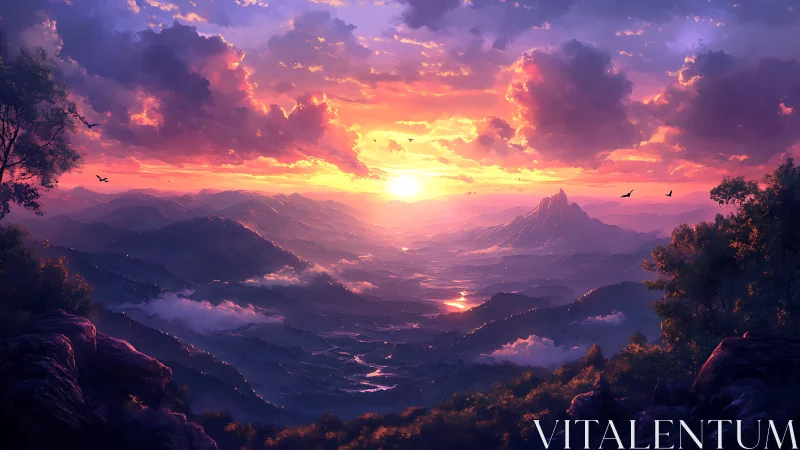 Sunrise pours painted fire across an endless misty valley