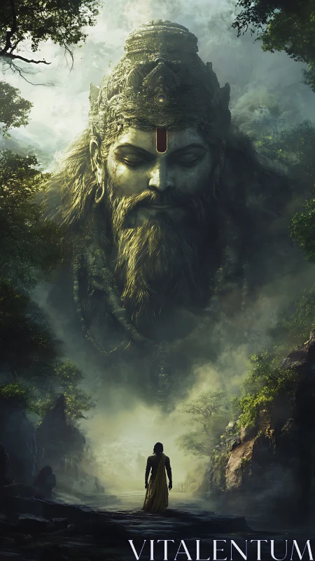 Giant stone deity face towers above lone robed figure