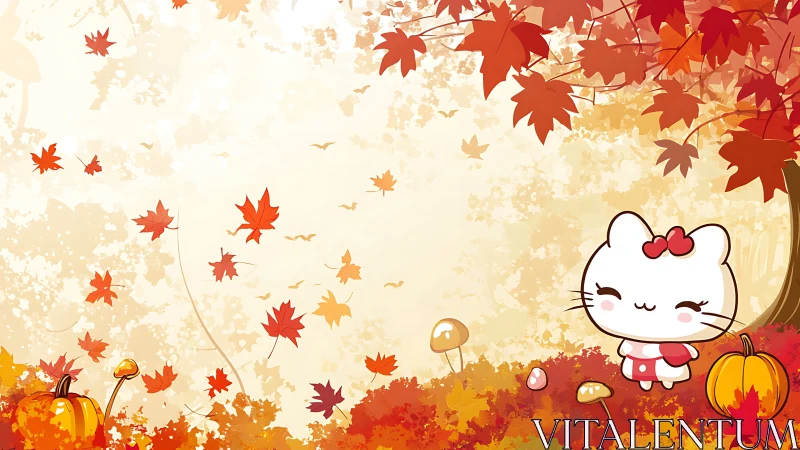 Cute chibi cat in stylized autumn forest composition