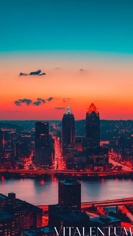 Neon-lit riverside skyline under vivid cyan dusk glow.