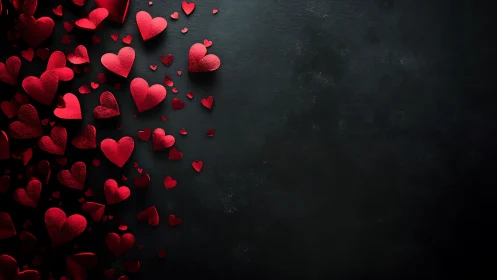 Red hearts scatter across dark surface in romantic composition.