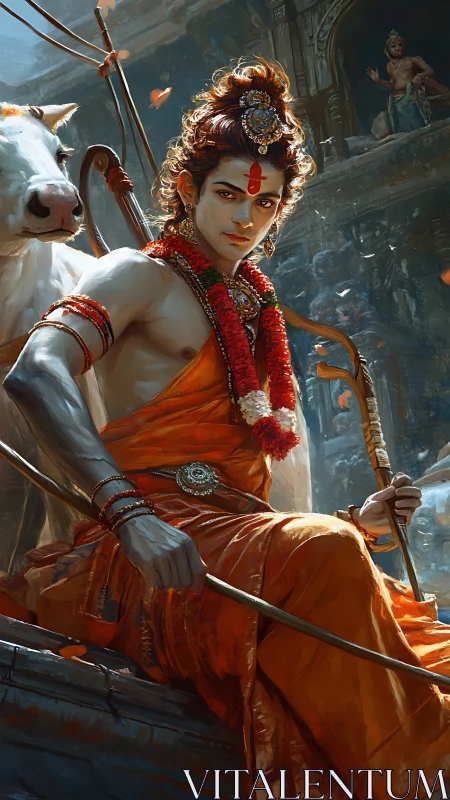 Divine warrior archer in saffron robes with sacred cow.