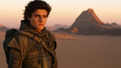 Desert-clad young traveler rendered in cinematic photorealism
