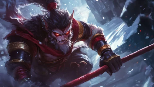 Armored demon simian warrior with staff in icy mountain ambush