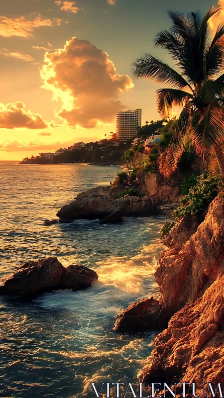 Coastal cliff shoreline with palm tree and urban skyline.