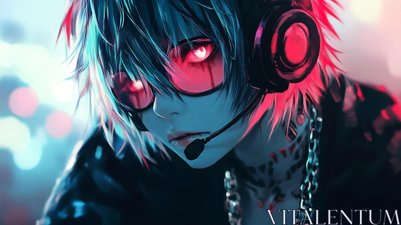 Neon-eyed gamer leans into the glow of a cyber-night call