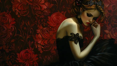 Melancholy rose-queen leans into a crimson velvet hush