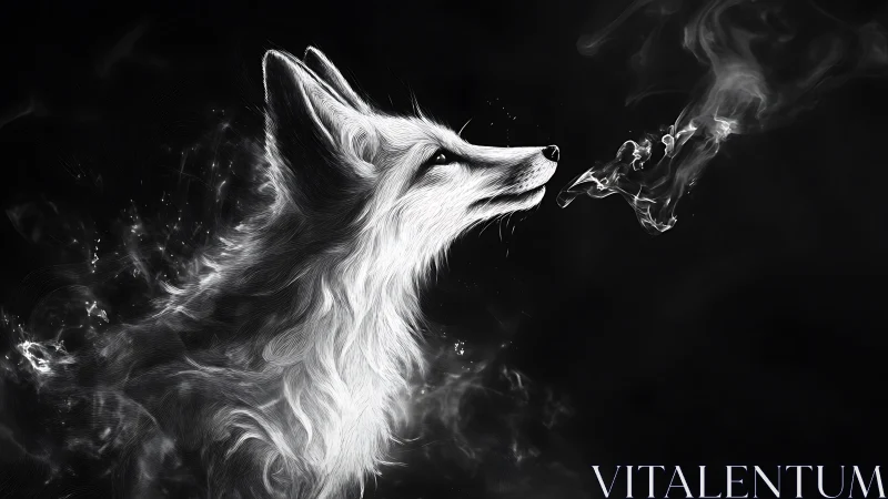 Monochrome vulpine apparition exhaling luminous smoke plume.