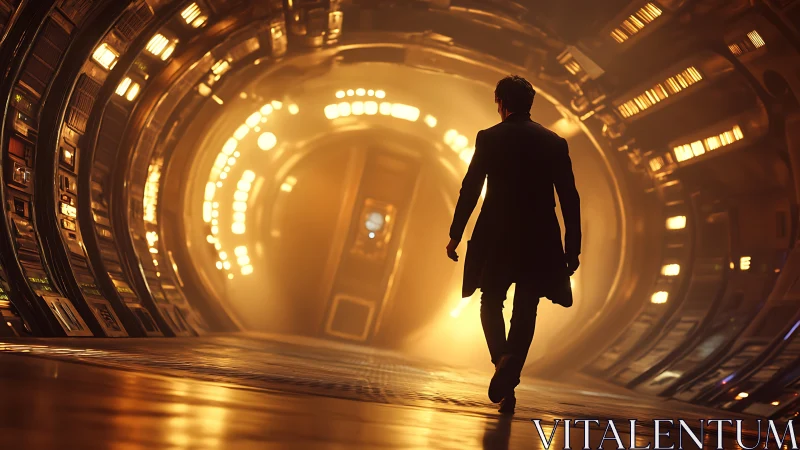 Man walking through glowing sci fi tunnel corridor at night.