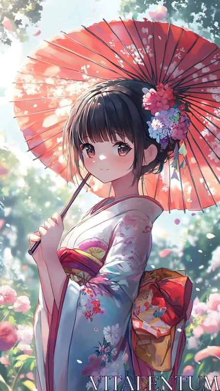 Springtime kimono stroll under a blossom-bright parasol.