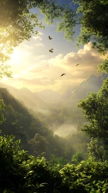 Mountain Valley at Sunrise with Birds Flying.