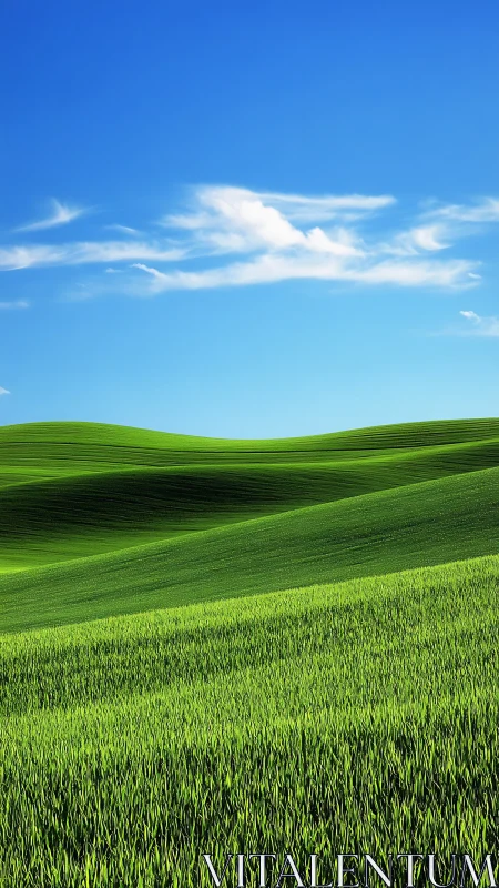 Rolling emerald fields beneath a vivid summer sky.