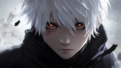 Monochrome anime portrait isolates a red-eyed, wounded youth