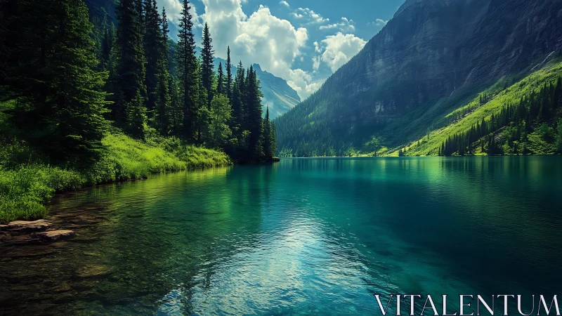 Mountain lake with evergreen forest and steep valley slopes.