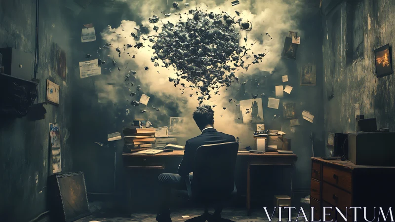 Man at cluttered desk facing swirling cloud of papers.