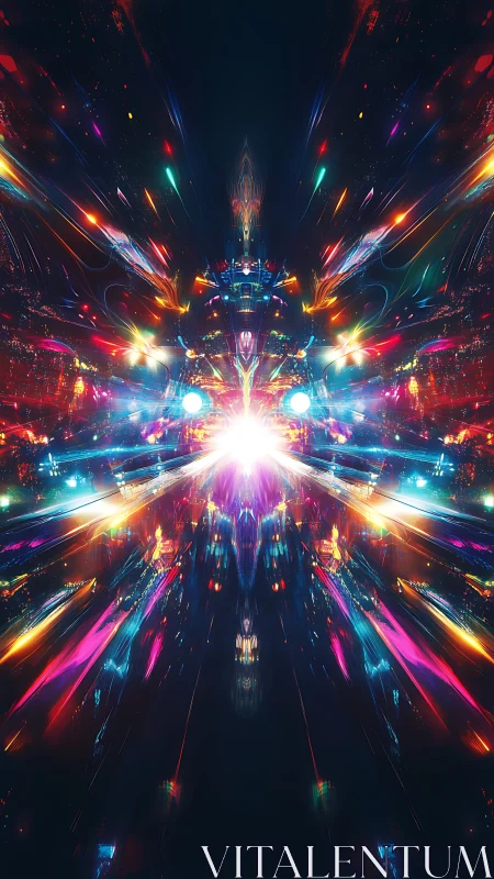 Symmetrical neon light burst forms mirrored abstract structure