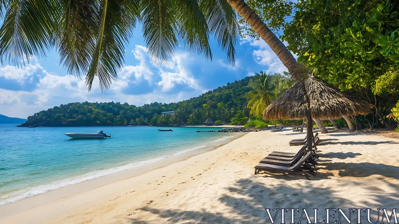 Tropical beach with palm fronds, turquoise water, and wooden loungers