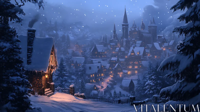 Snowbound fantasy village under deep blue winter night.