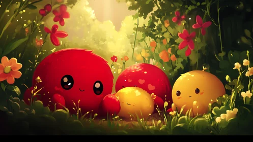 Round cartoon creatures sit in warm light among flowers