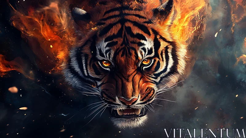 Digital rendering depicts frontal tiger head with stylized flames