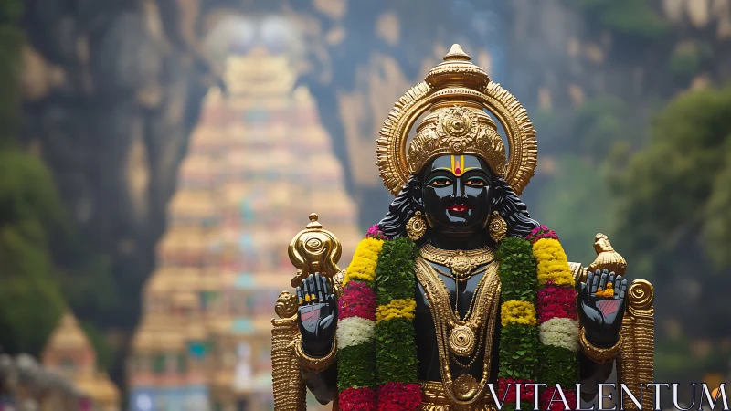 Ornate black stone deity statue with garlands before temple.