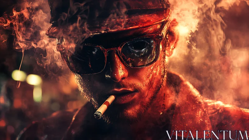 Moody digital portrait of smoker in glowing red haze.