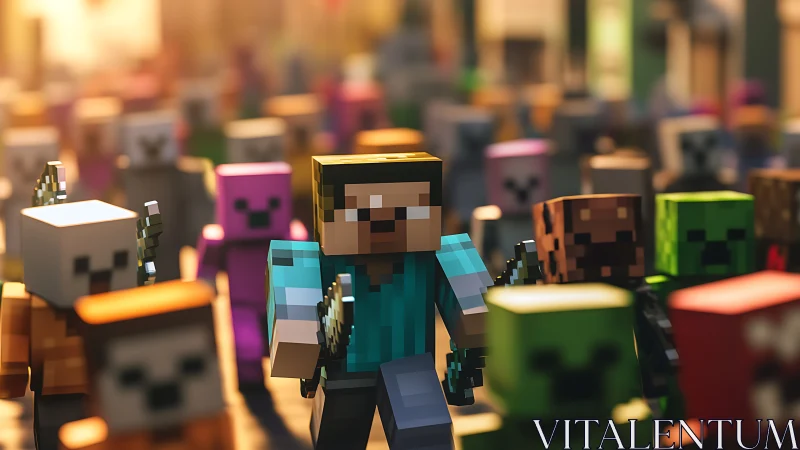 Blocky game character runs through dense pixel crowd scene