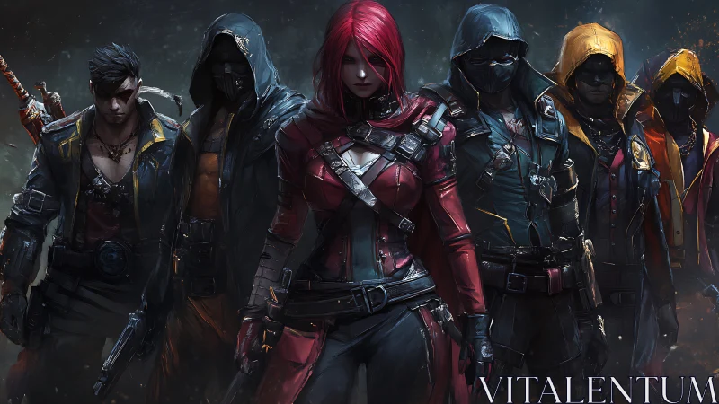 Futuristic masked squad stands united in neon-tinged shadows.