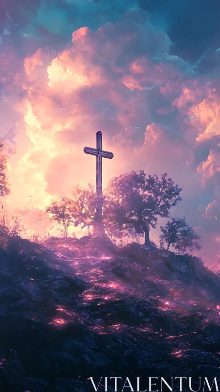 Cross on rocky hillside under luminous clouded sky.