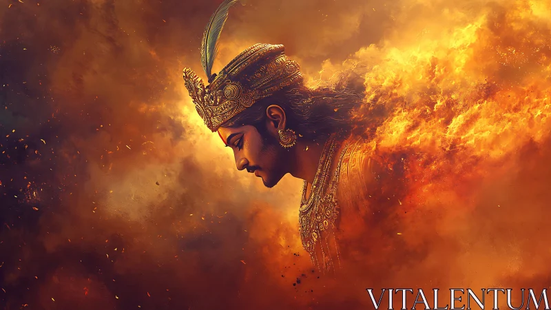 Crowned fireborn warrior dissolving into molten dawn clouds.