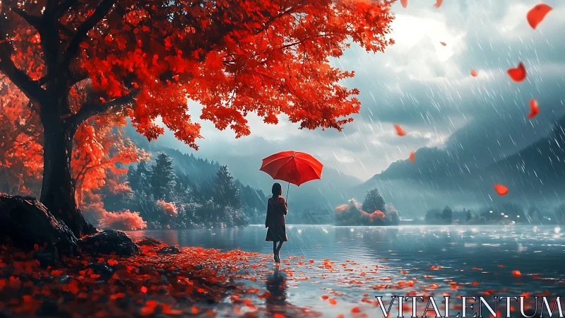 Scarlet umbrella glows beneath stormy lakeside maple rain.