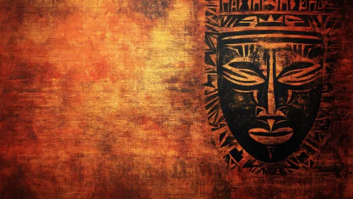 Tribal mask silhouette glowing against rustic ember textures.
