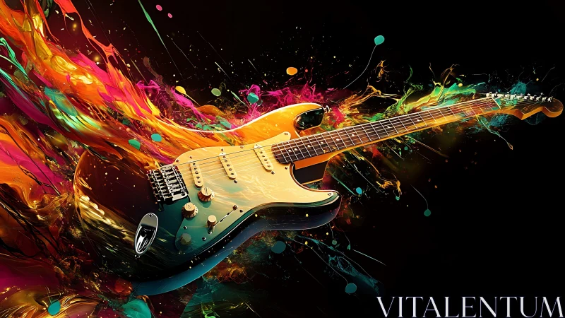 Electric guitar bursts through vivid neon paint explosions