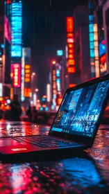 Open laptop on wet neon city street at night in the rain.