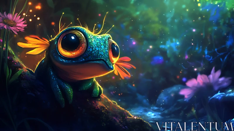 Fantasy digital painting of luminous frog in enchanted forest.