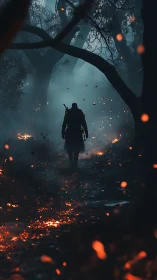 Silhouetted warrior traverses ember‑lit foggy forest corridor