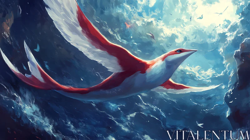 Red and white fantasy bird gliding through a bright sky.