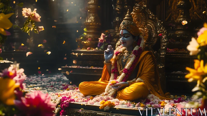 Deity statue in gilded shrine with marigold garlands and petals