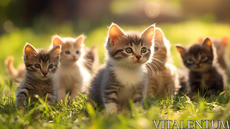 Young kittens explore sunlit meadow with playful curiosity and wonder.