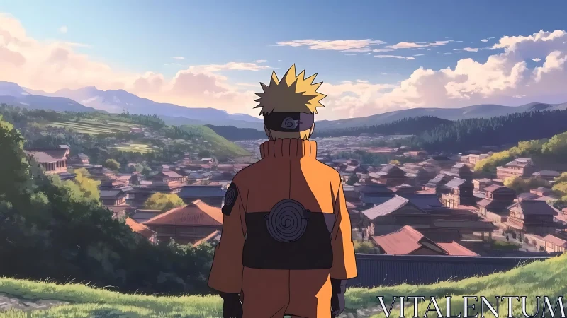 Figure in orange clothing observes a terraced village landscape