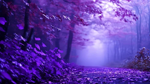 Ethereal Purple Forest Path With Luminous Atmospheric Perspective