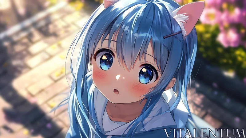Blue haired neko girl with glowing eyes outdoors.