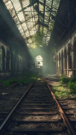 Abandoned railway hall glows with shafts of reclaimed light.