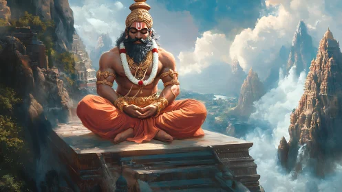 Seated mythic figure on stone platform in mountainous setting.