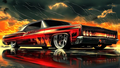 Lowrider muscle car burns across reflective storm road