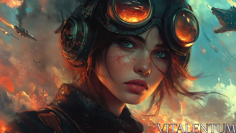 Aerial combat pilot portrait with burning sky reflections